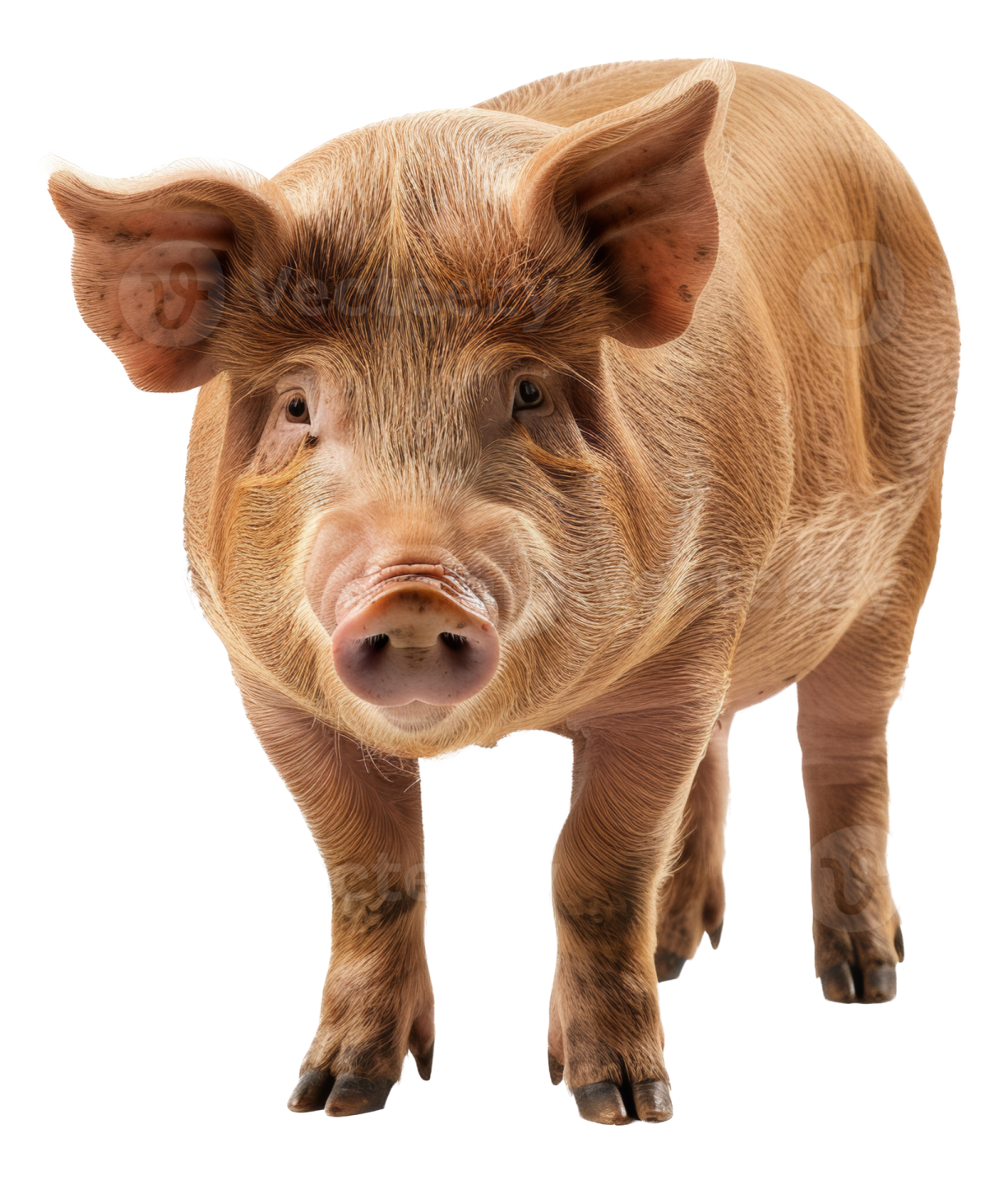 a small pig standing in front of a white background