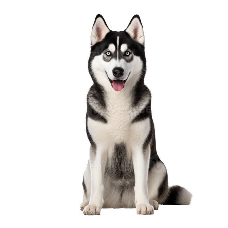 a black and white husky dog sitting on a white background