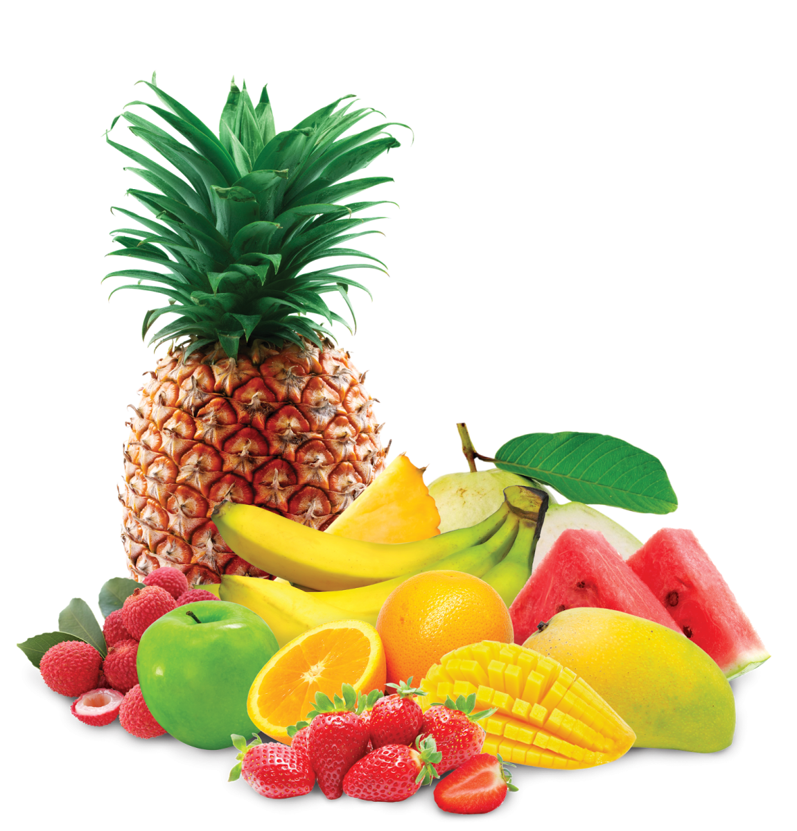 a pile of fruit and a pine