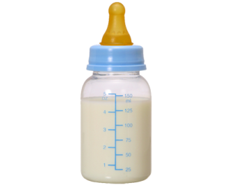 a baby bottle with a blue lid and yellow cap