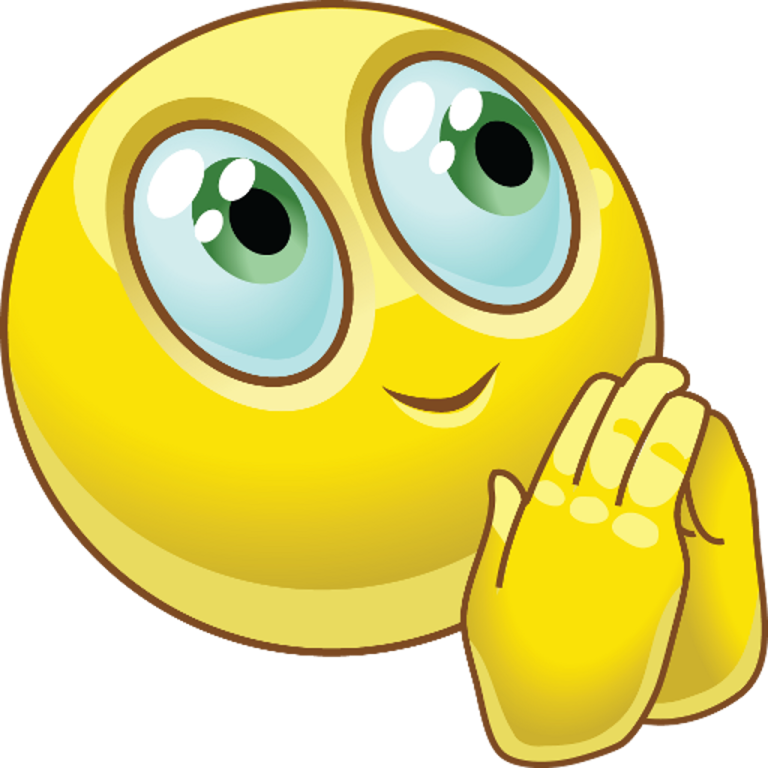 a yellow smiley face with two hands in prayer position