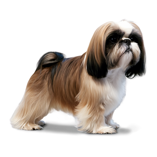 a small dog standing on a white surface