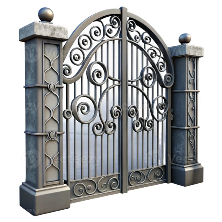 an iron gate with a decorative design on it