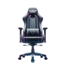 a black and purple gaming chair on a white background