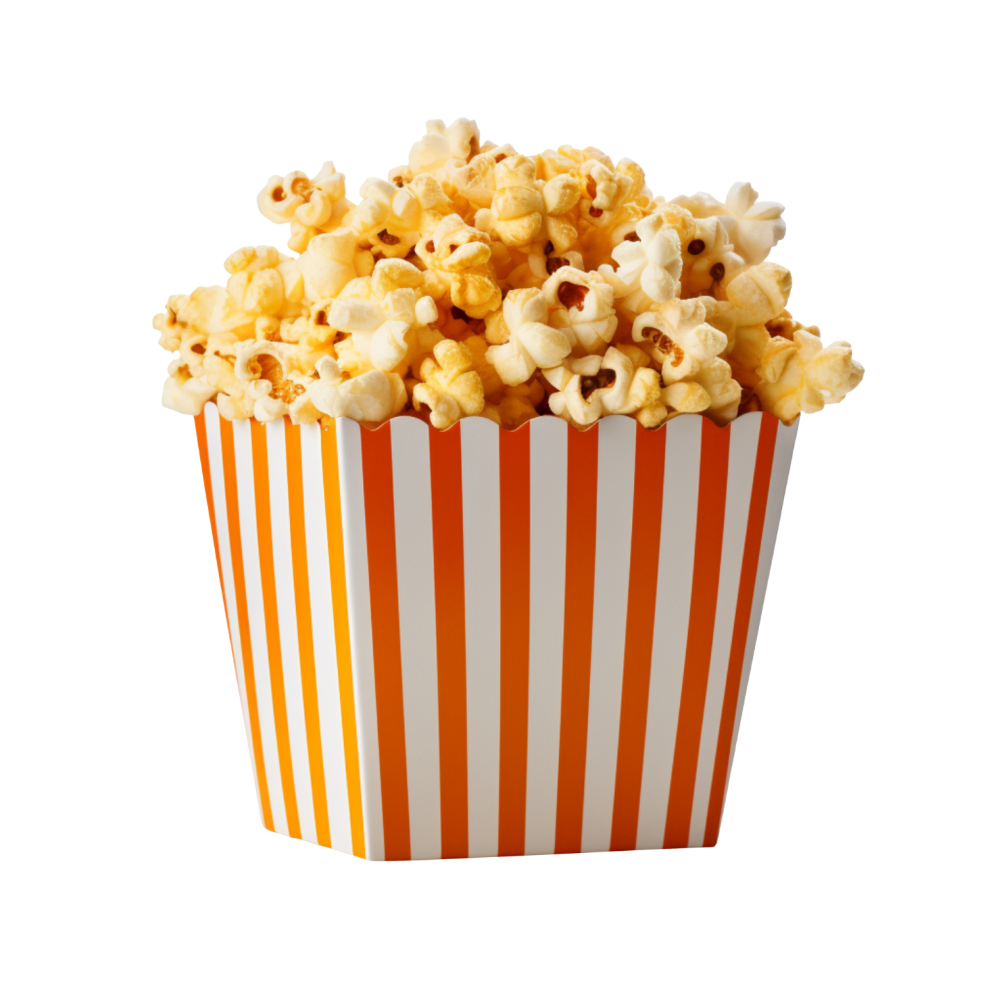 an orange and white striped box of popcorn