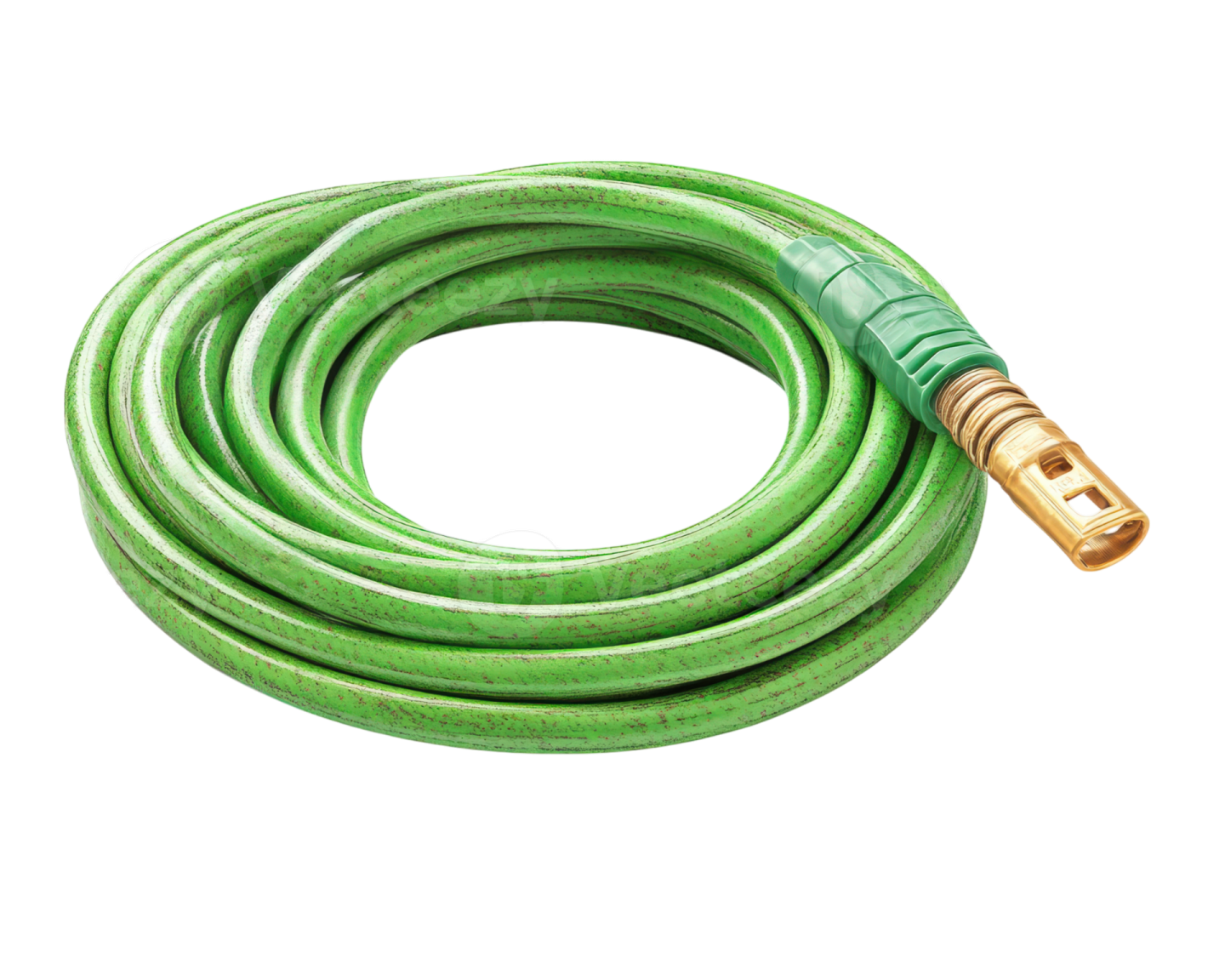 a green garden hose on a white background