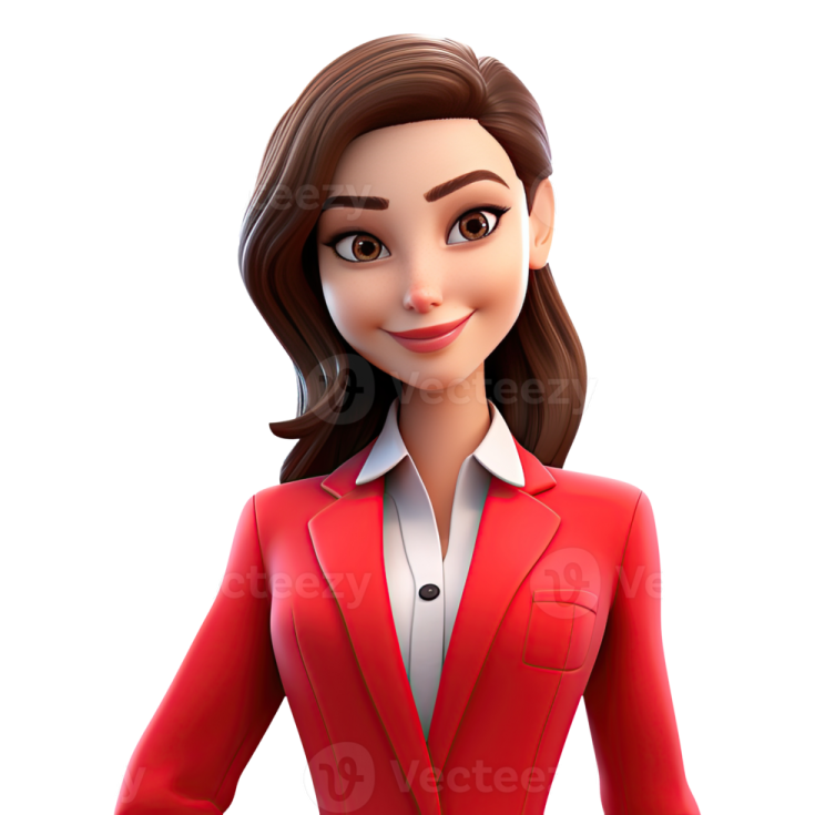 a woman in a red suit and white shirt