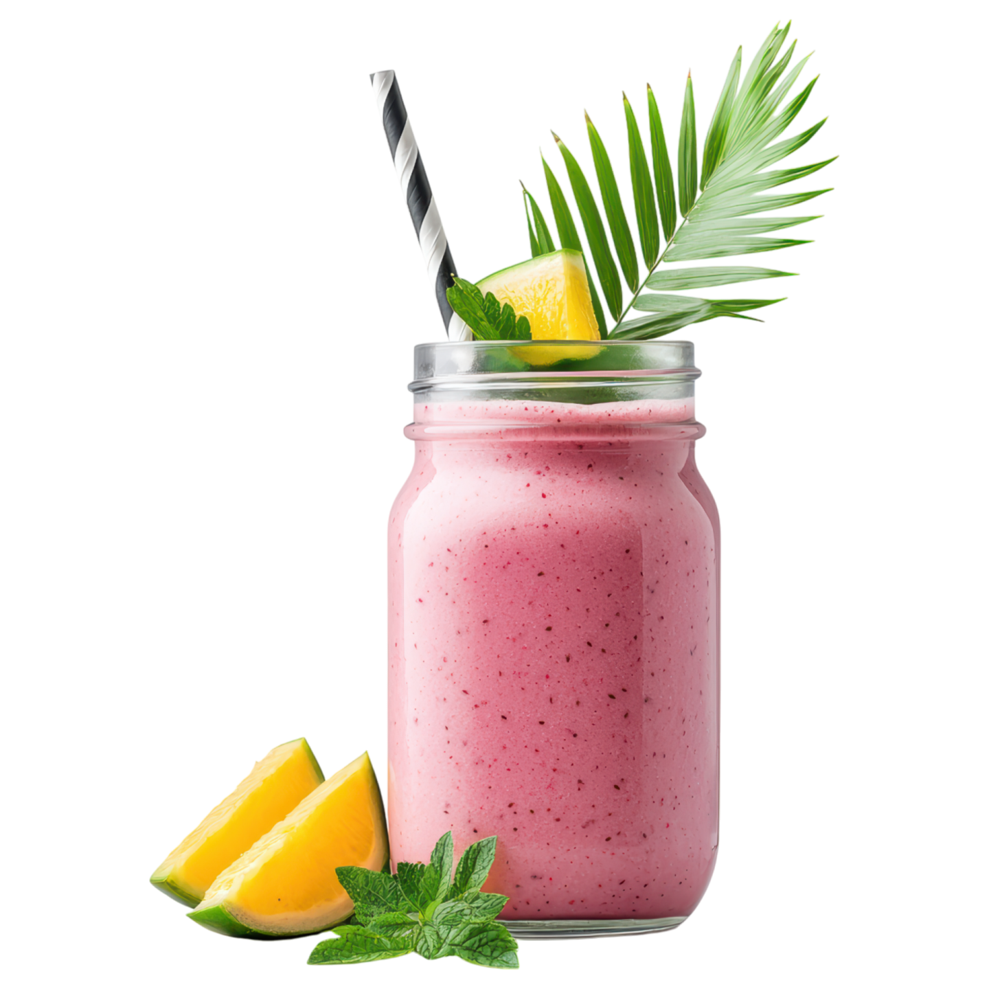a pink smoothie in a glass with a straw and a green leaf