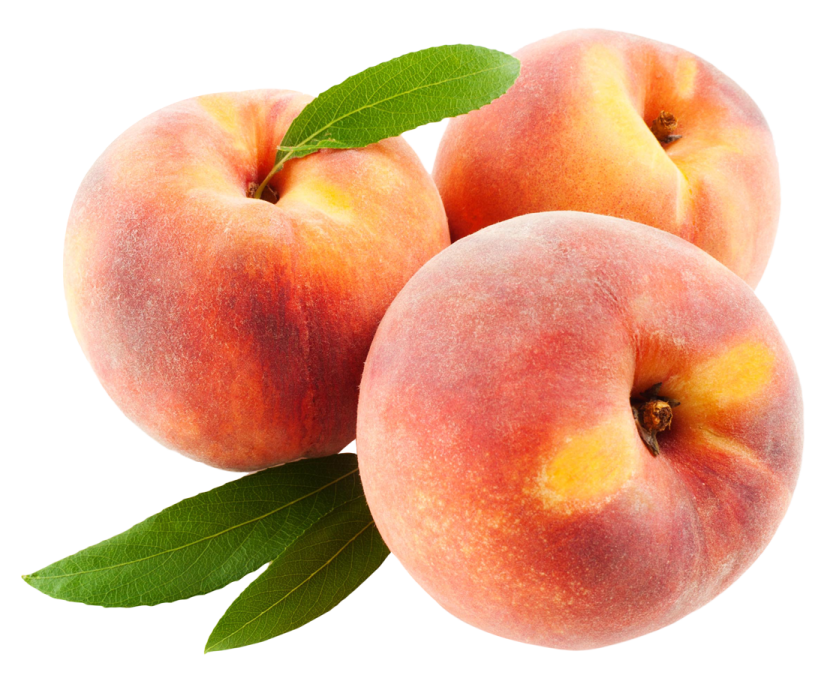 three peaches with leaves on a white background