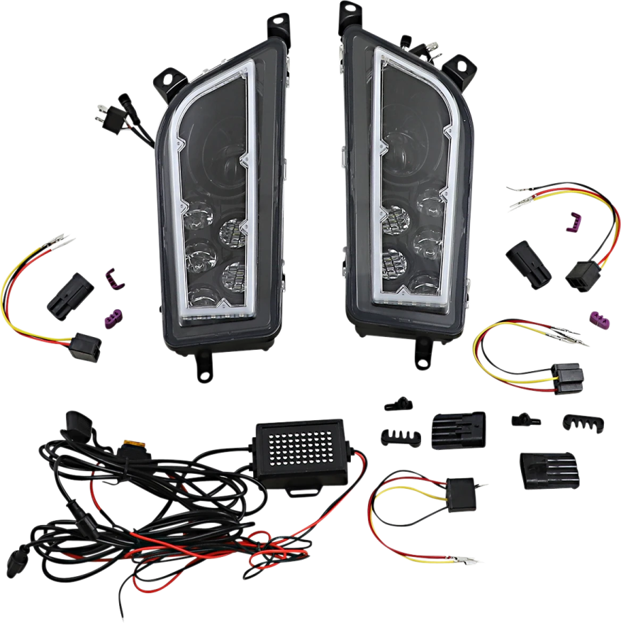 a pair of black headlights with leds and wiring