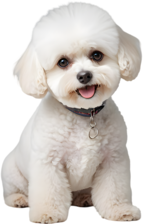 a small white dog sitting down with its tongue out