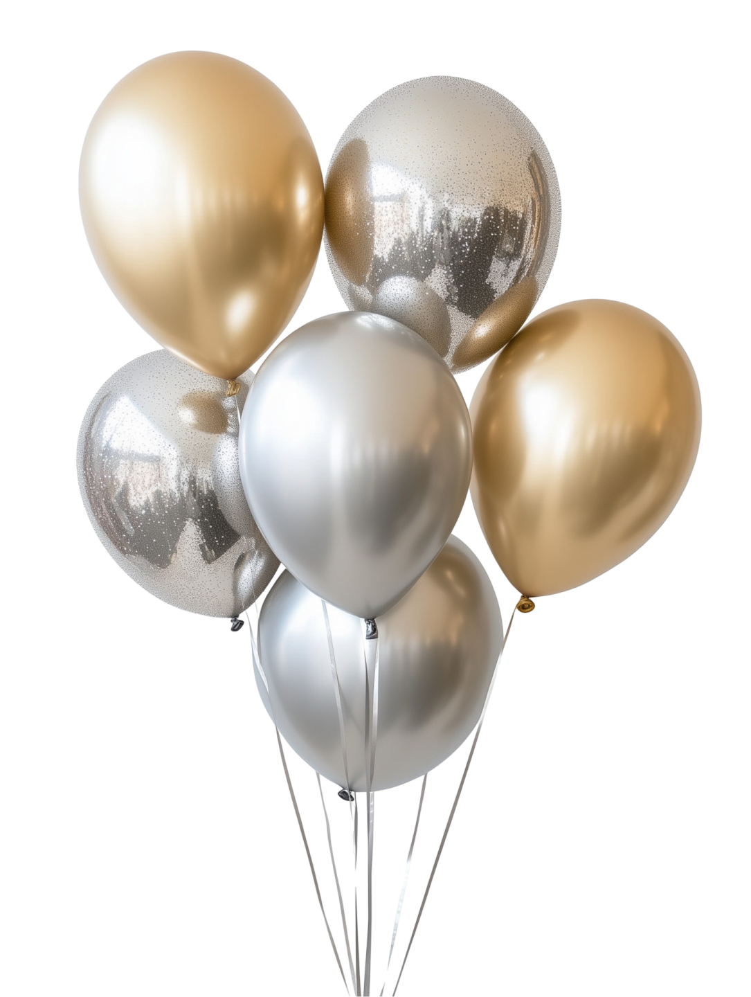 a bunch of gold and silver balloons