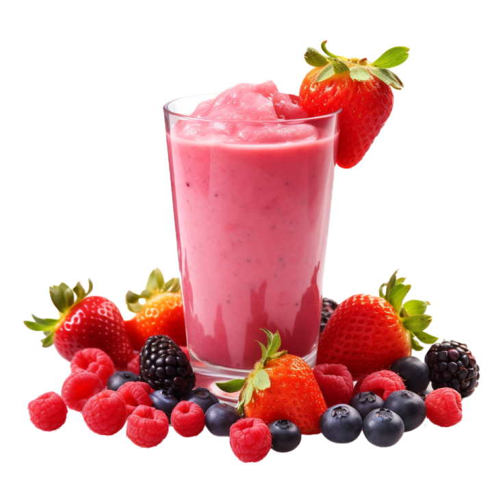a glass filled with berries, strawberries and blueberries