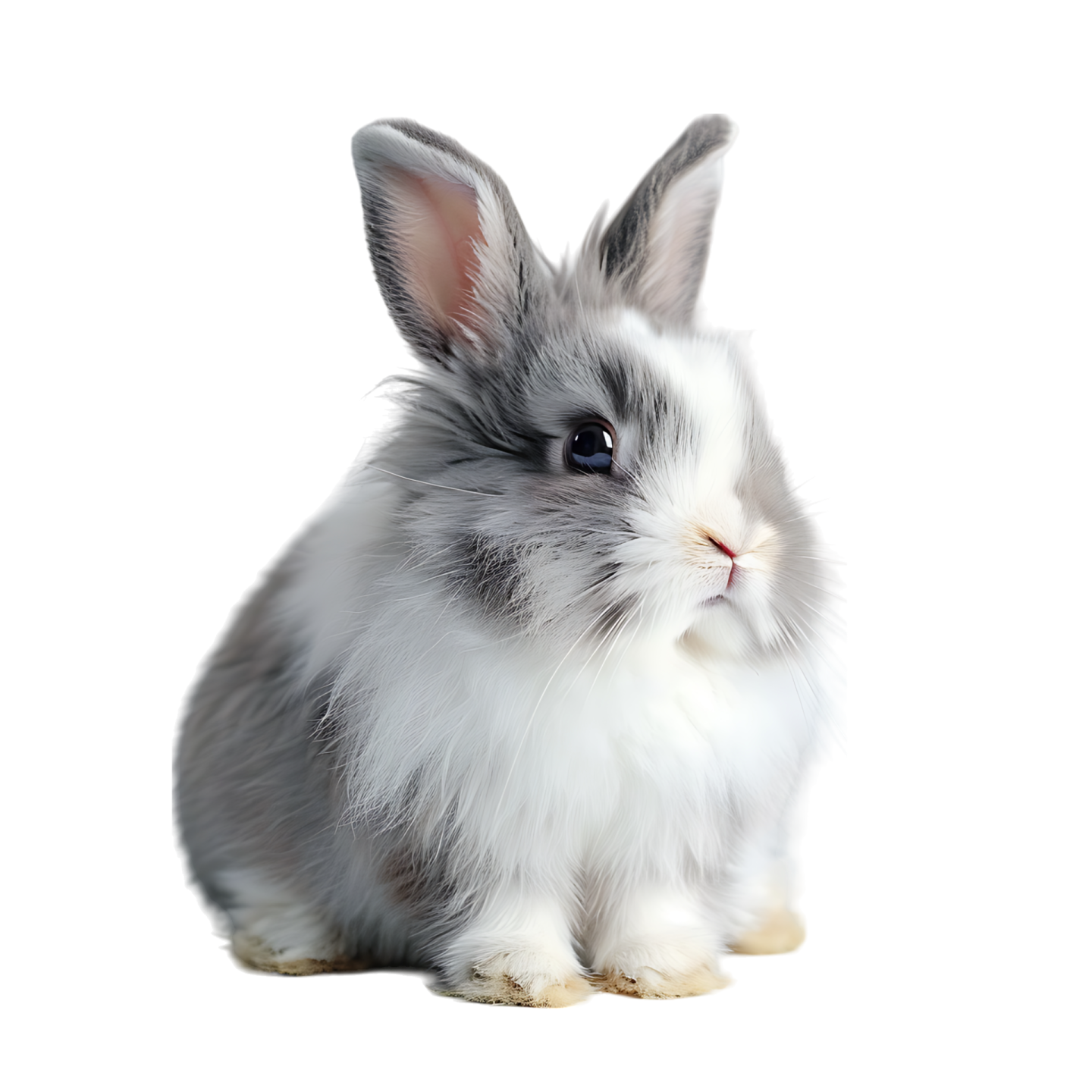 a small gray and white rabbit sitting on a white background