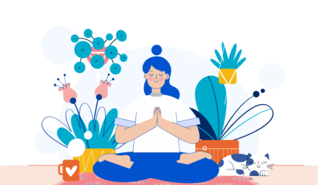 a woman sitting in the middle of a yoga pose surrounded by plants