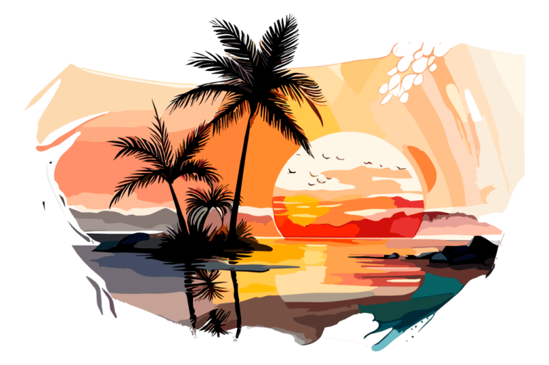 a sunset with palm trees on the beach