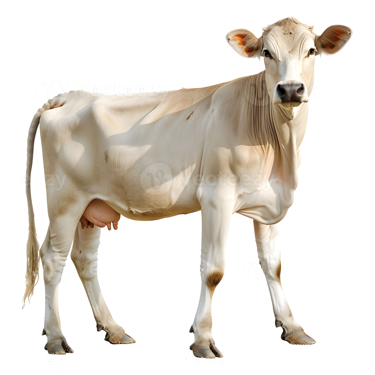 a white cow standing in front of a white background