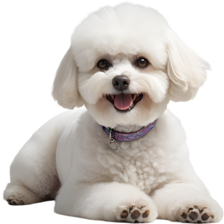 a small white dog laying down with its tongue out