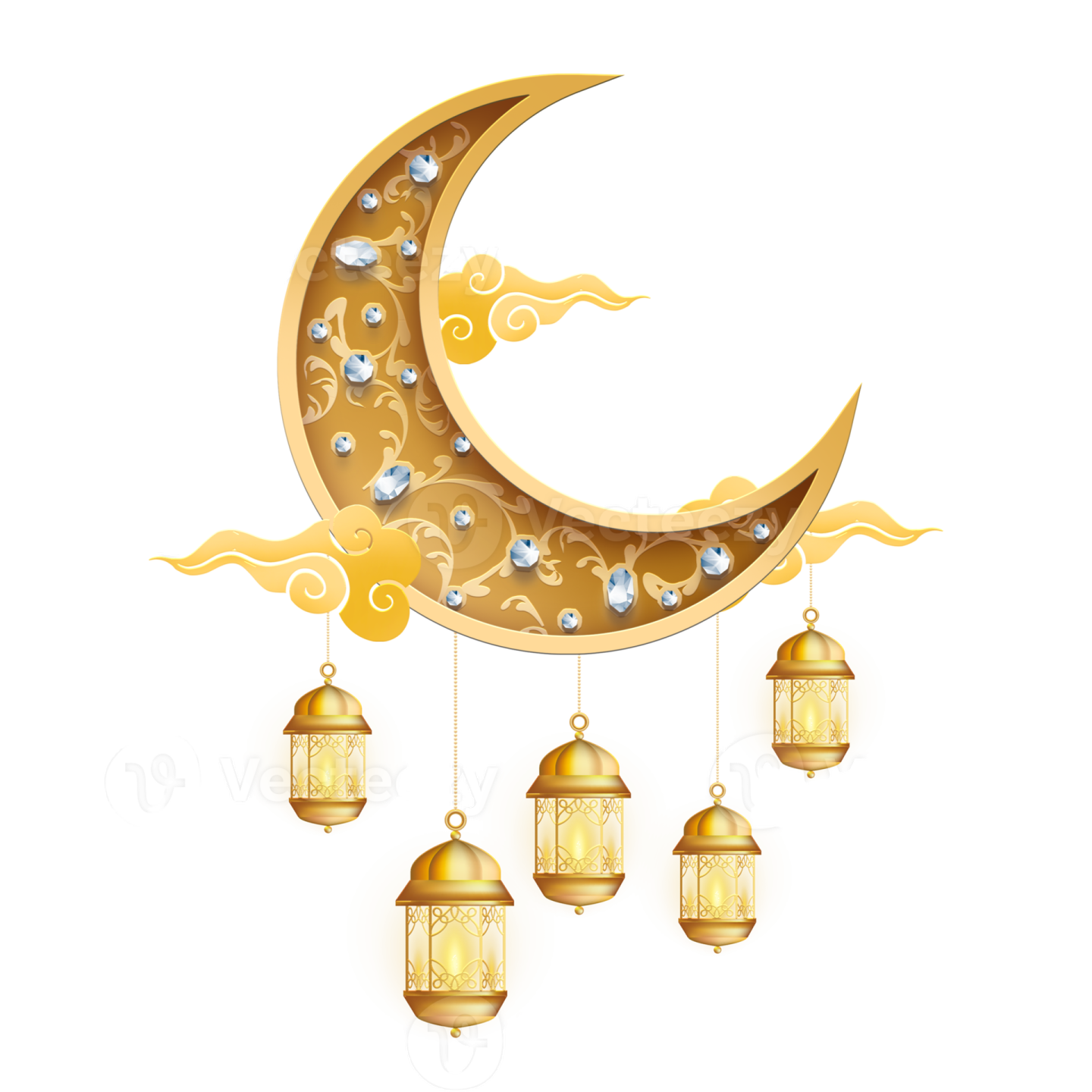 a golden crescent with lanterns hanging from it
