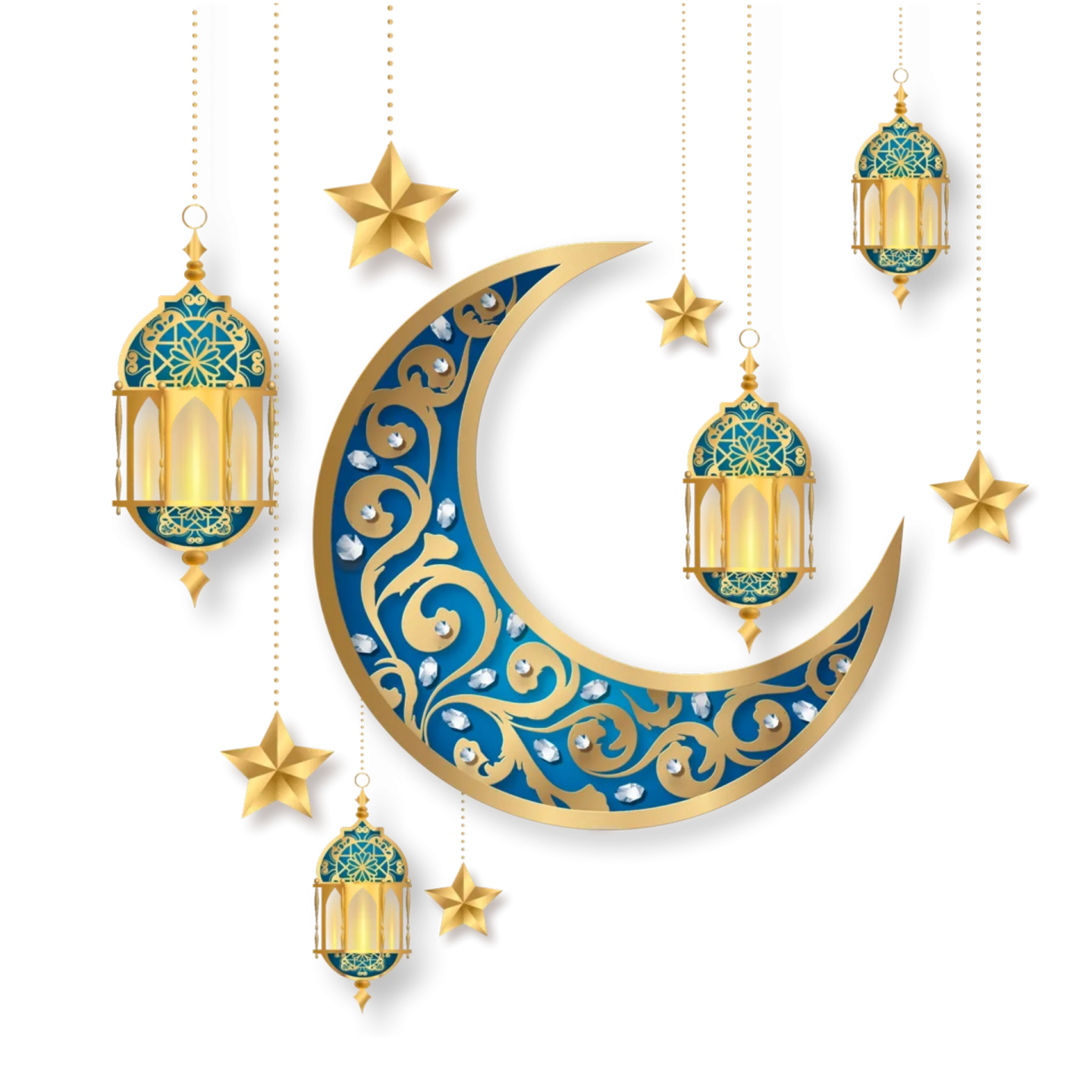 a crescent with lanterns and stars hanging from it
