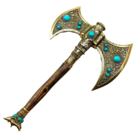 an old axe with turquoise stones on it