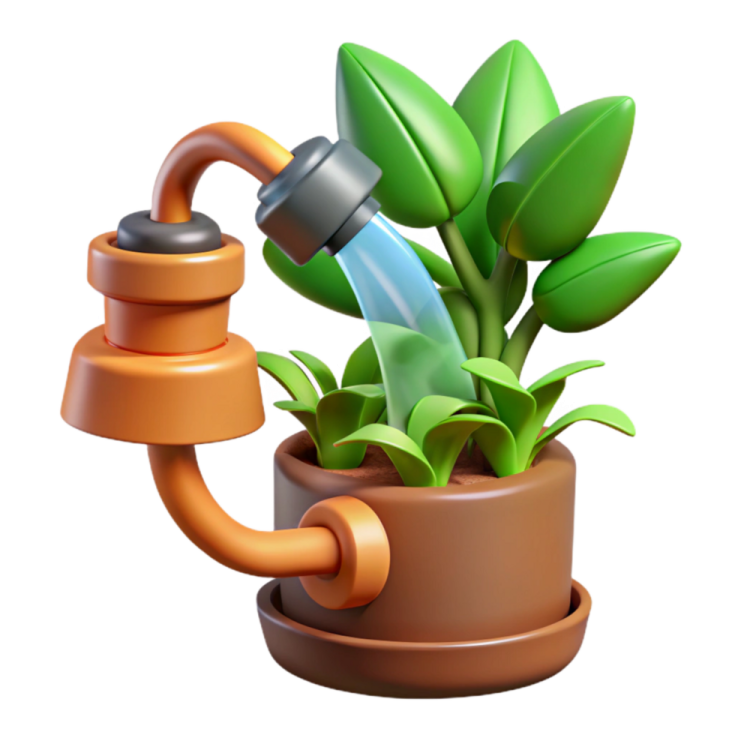 a plant in a pot with a watering hose