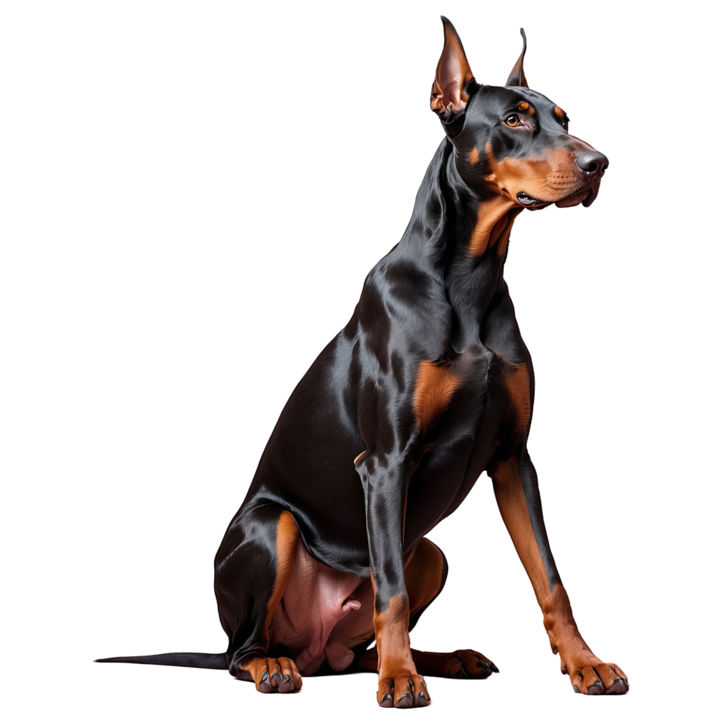 a black and brown dog sitting on a white background