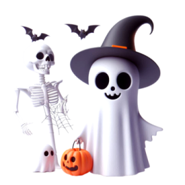 a skeleton and a ghost with a pumpkin