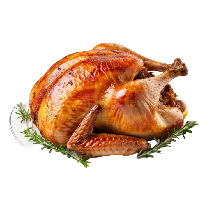 a roasted turkey on a plate with lemons and rosemary