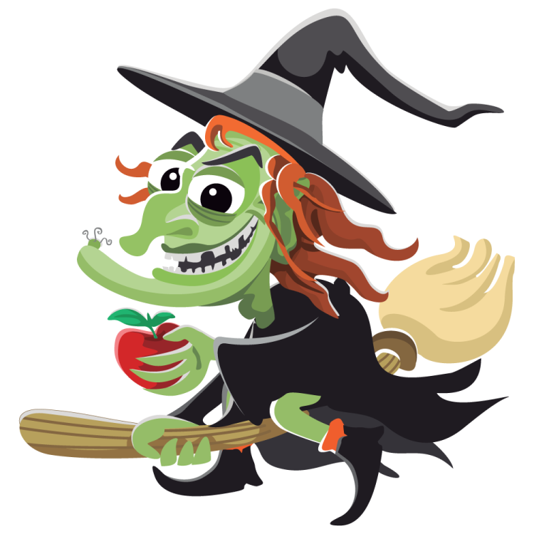 a witch riding on a broom with an apple