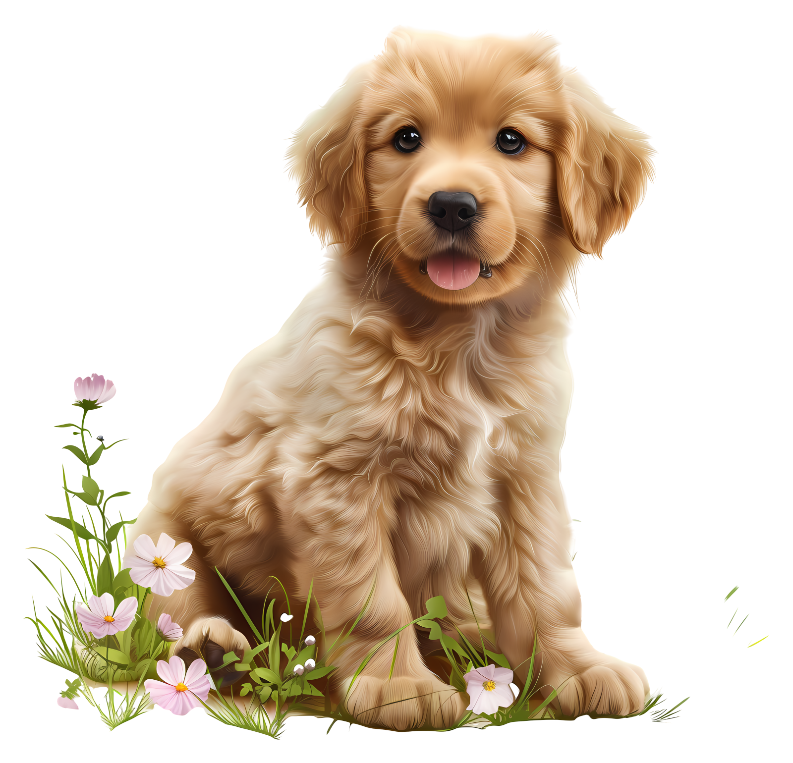 a puppy is sitting in the grass and flowers