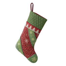 a green and red christmas stocking hanging on a white background