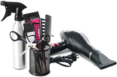 a hair dryer and combs on a white background