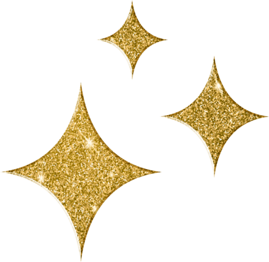three gold glitter stars on white background