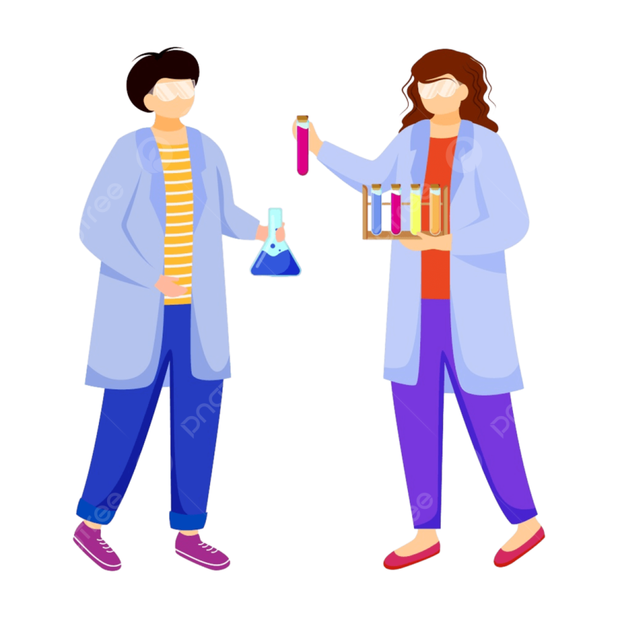 two people in lab coats, one holding a test tube