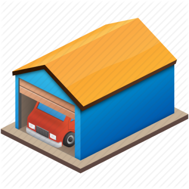 a blue garage with a red car inside
