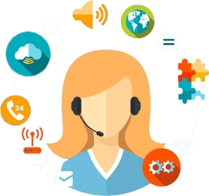 a woman wearing a headset with icons around her