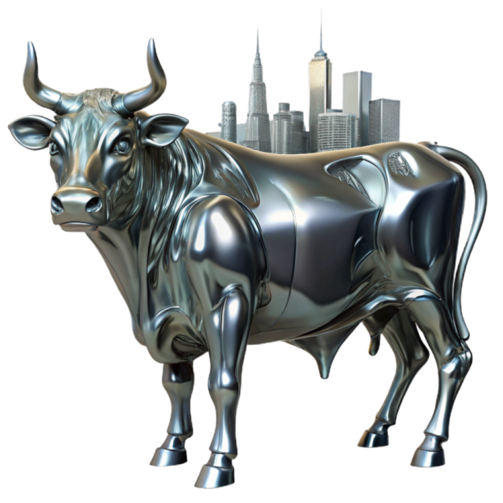 a bull statue in front of a city skyline
