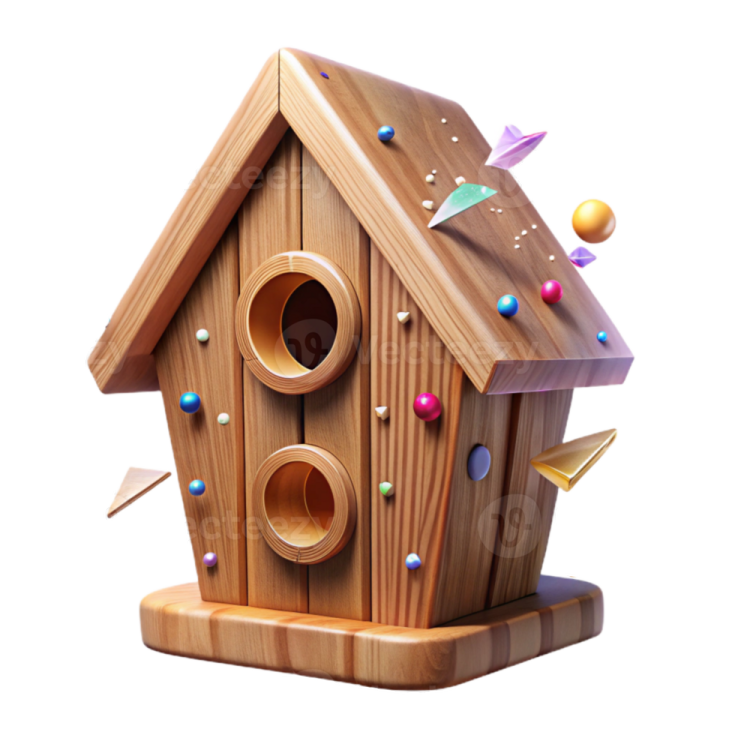 a wooden birdhouse with colorful balls around it