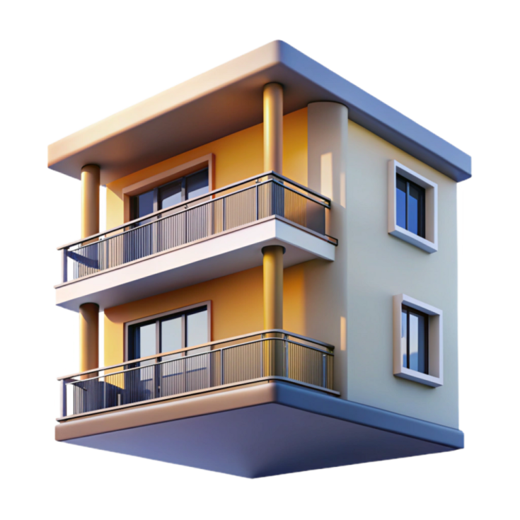 a three story apartment building with bales on the second floor