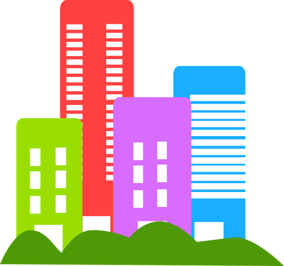 two buildings with trees in front of them