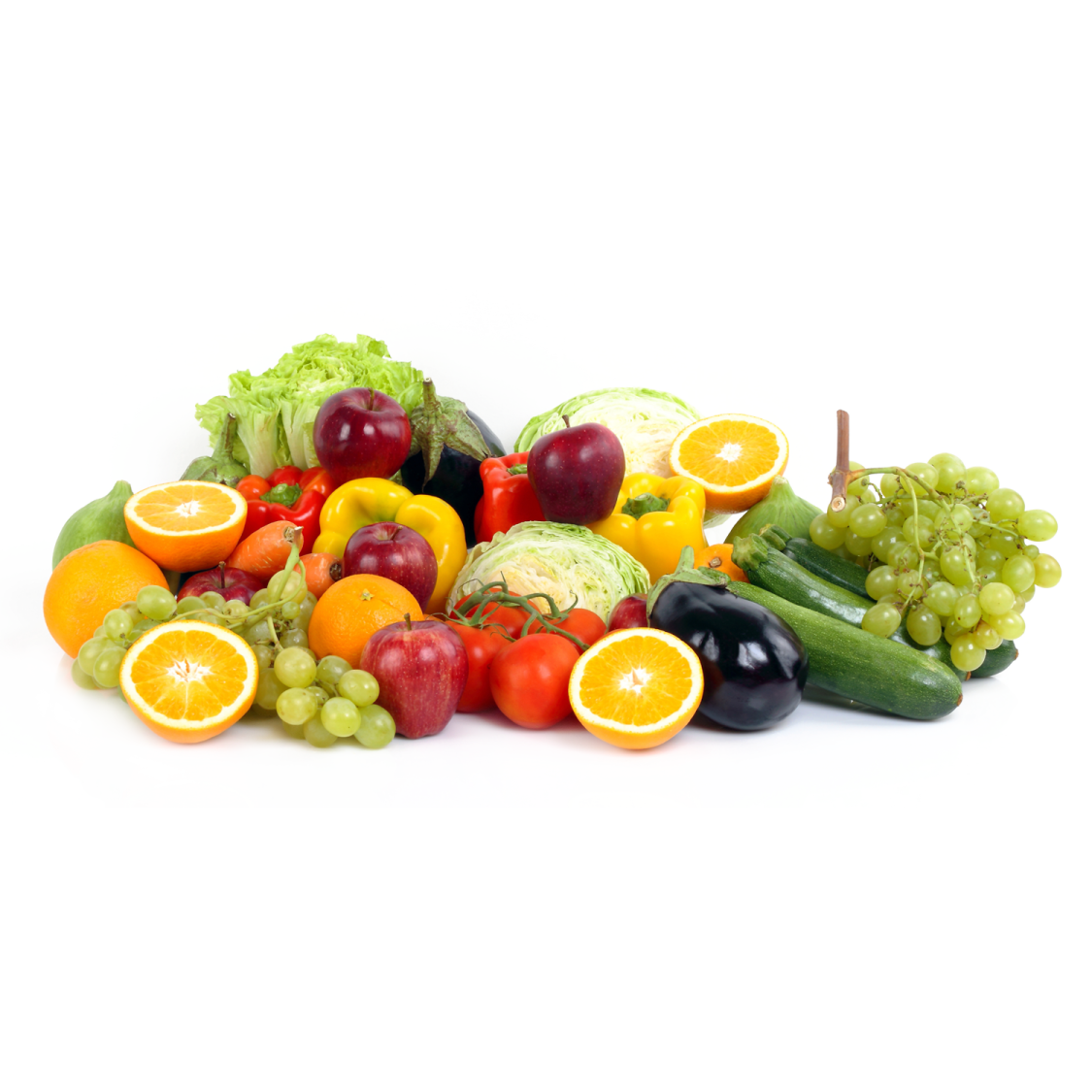 a pile of fruits and vegetables on a white background