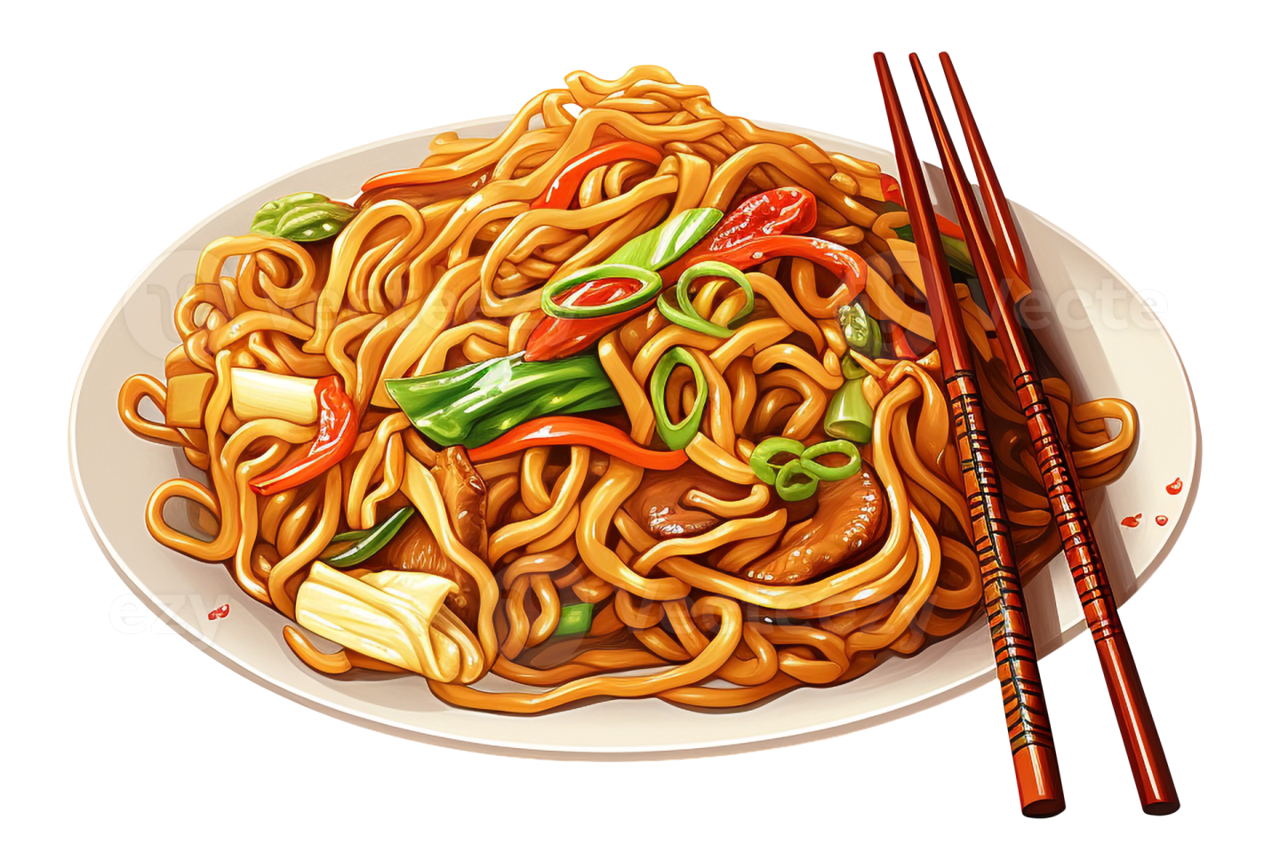 a plate of noodles and chops on a white background