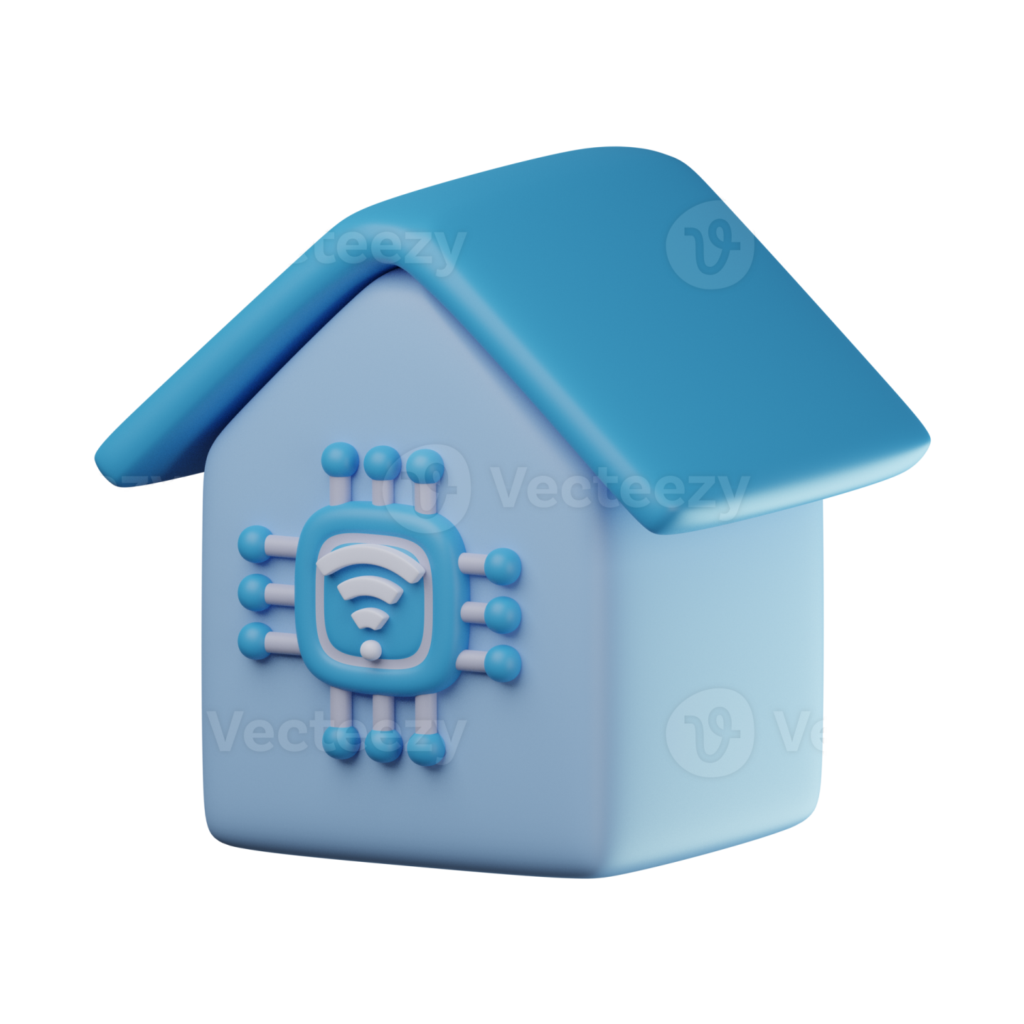 a blue house with a computer icon on the roof