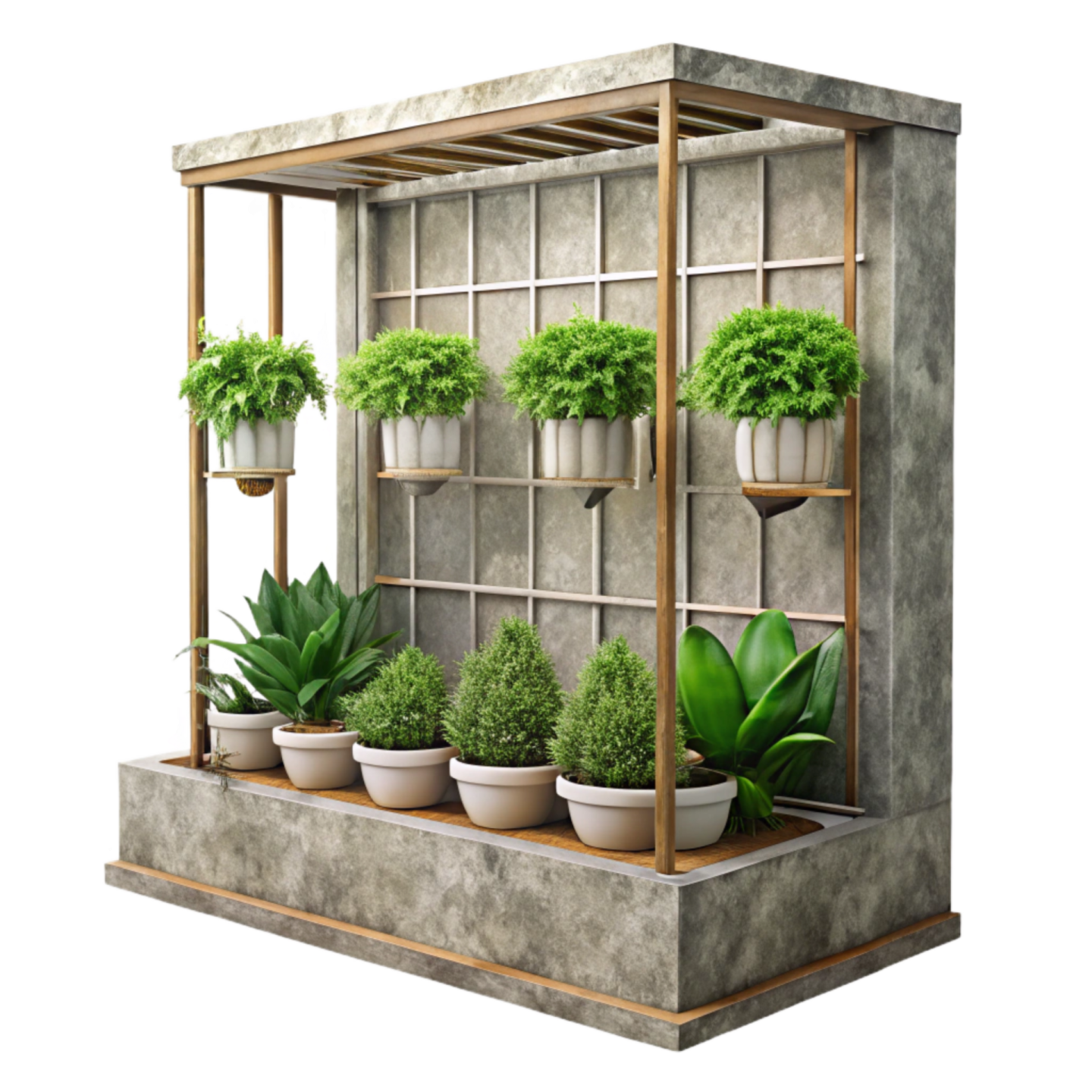 an outdoor planter with pots and plants on it