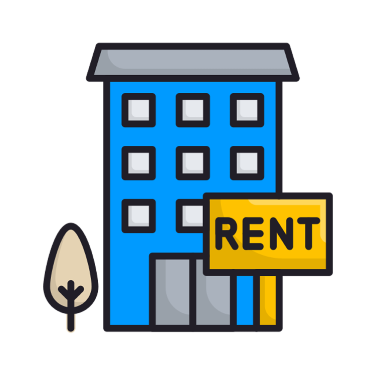 a blue building with a sign that says rent