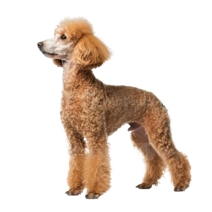 a poodle dog standing in front of a white background