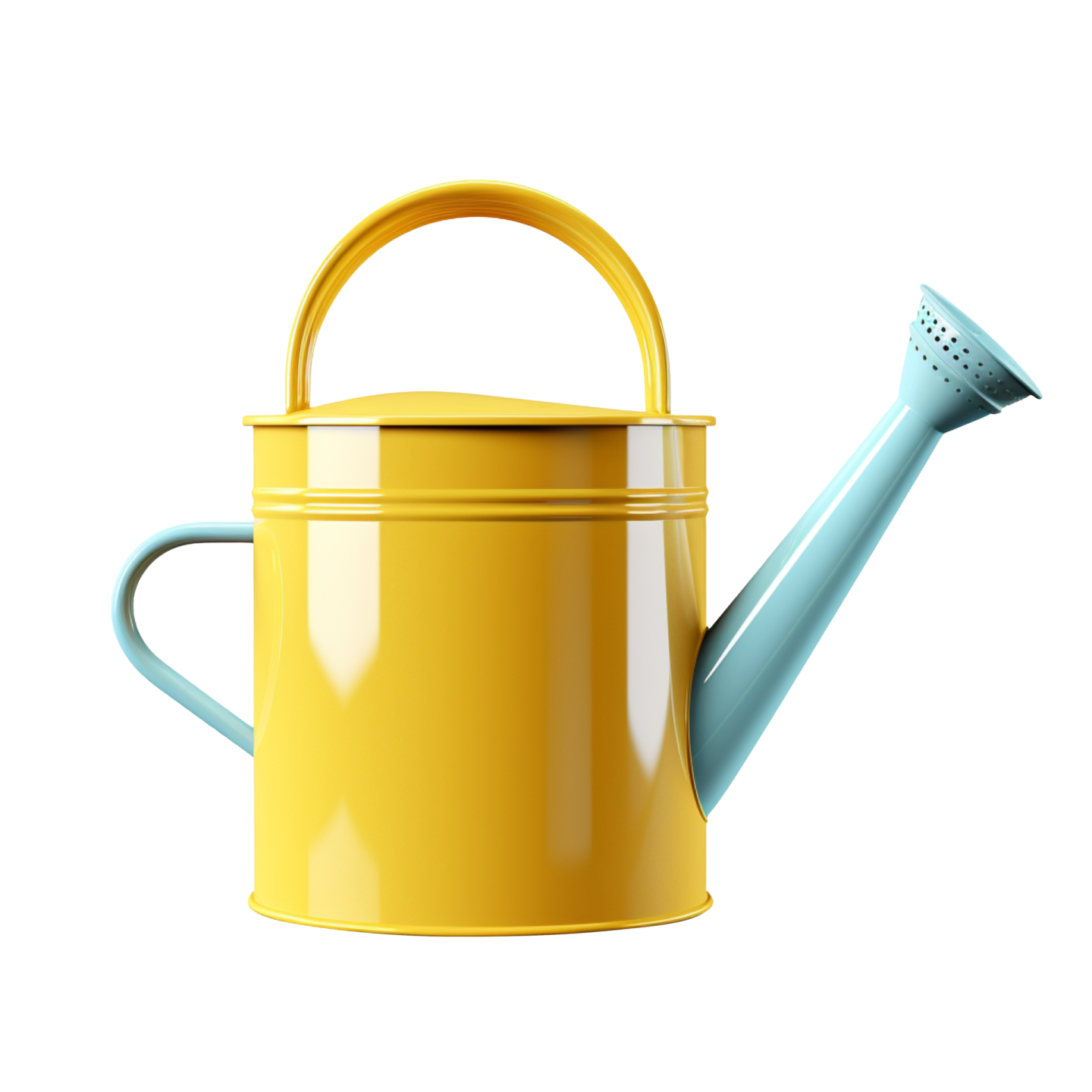 a yellow watering with a blue handle