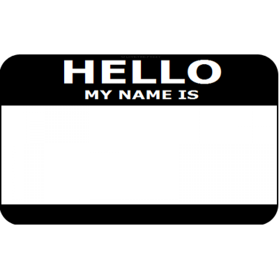 a black and white name tag with the word hello on it