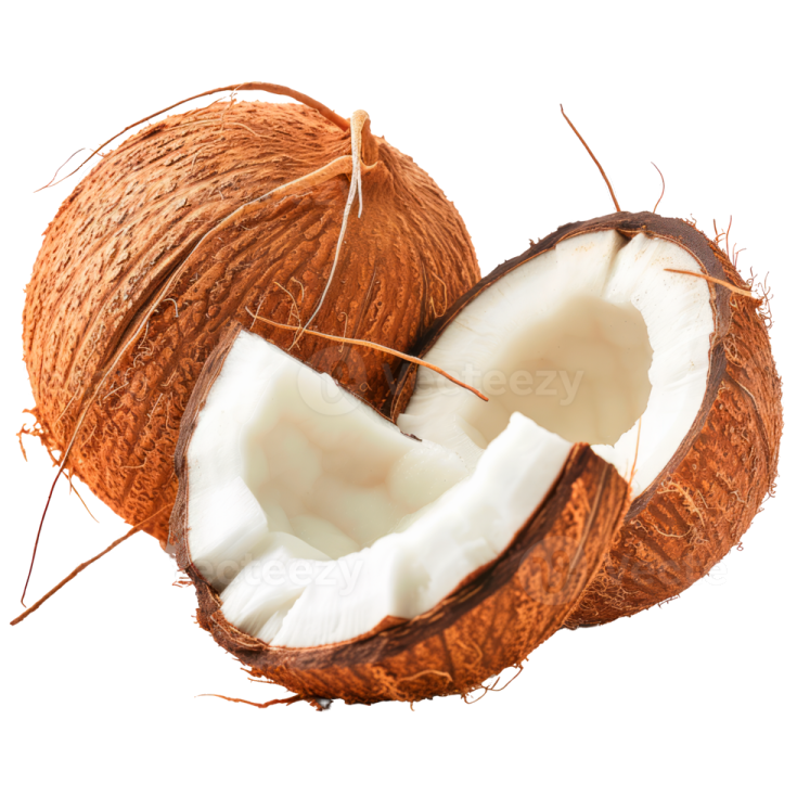 a coconut cut in half on a white background